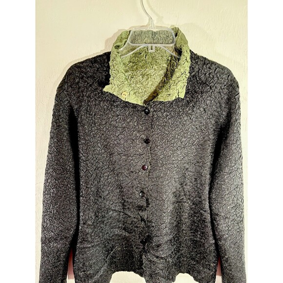 Reversible Vintage 90s Crinkle Jacket Women XLarge Black Green Coat Button Retro - Picture 5 of 12